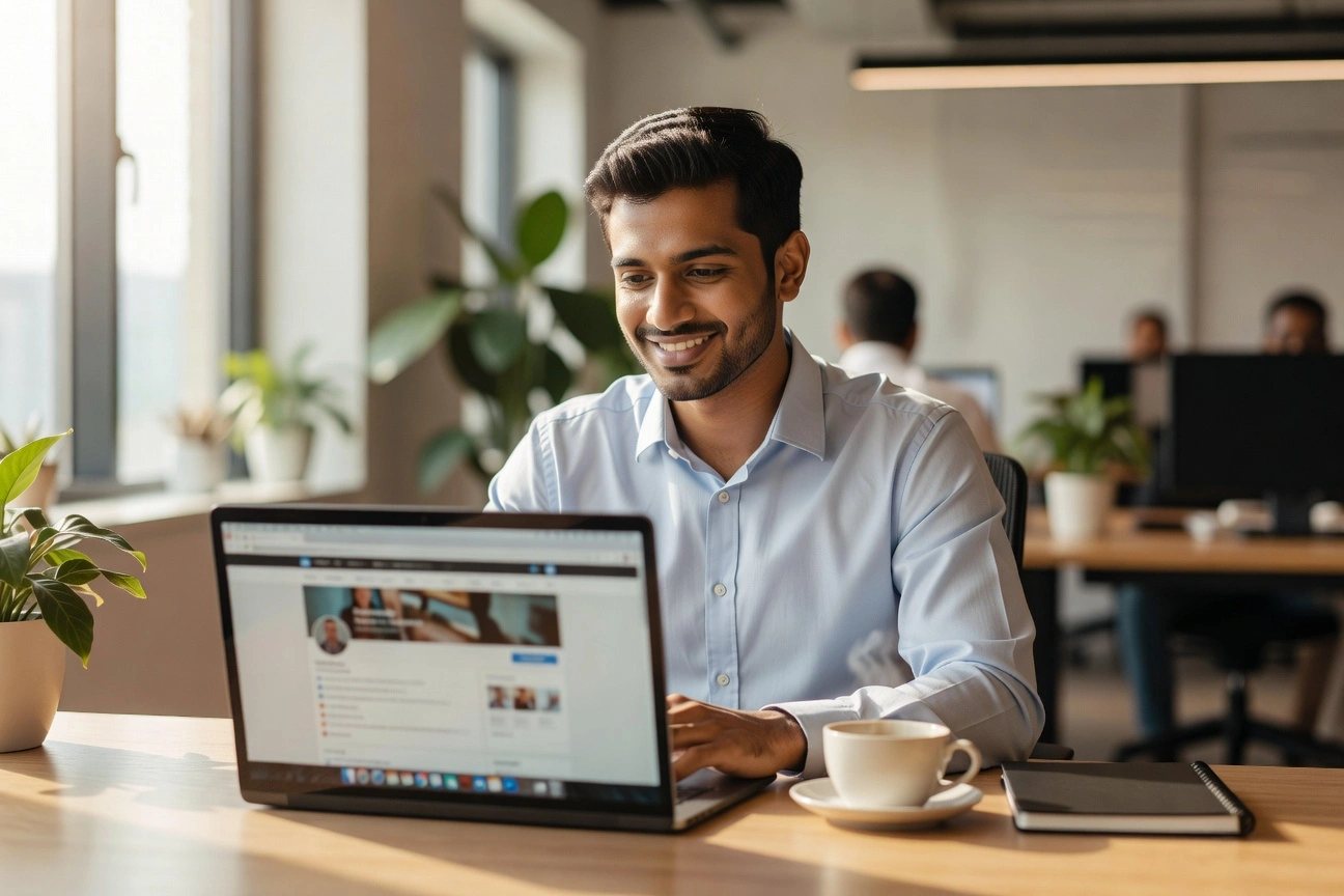 Job seeker exploring career opportunities at Al Sahab Wadi Corporate on a laptop in the UAE